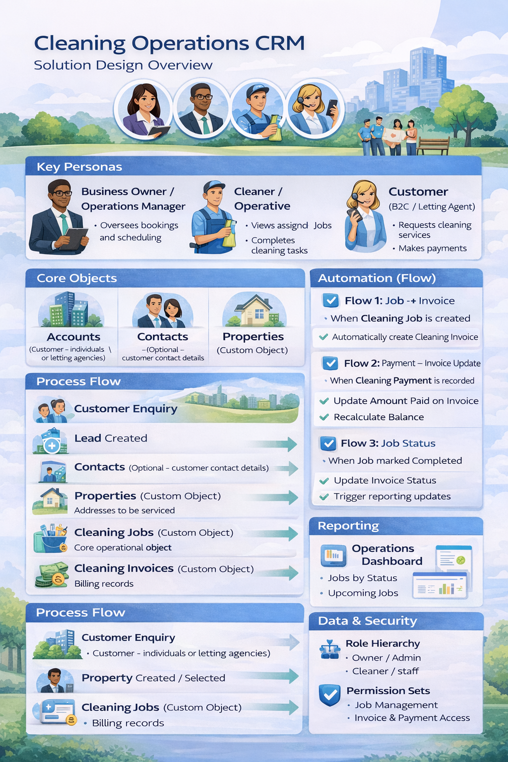 Cleaning Operations CRM Solution Design Overview infographic showing personas, core objects, process flow, automation flows, reporting and data security